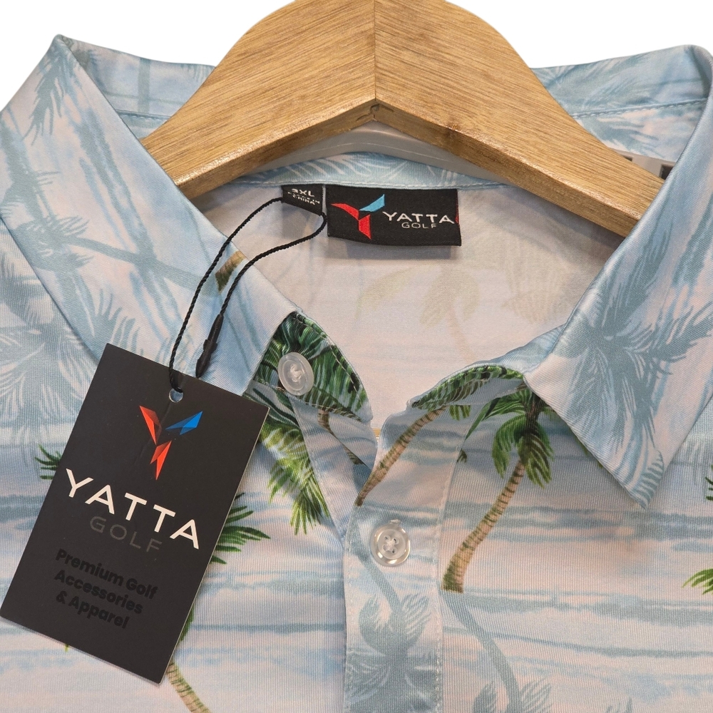 NWT Yatta Golf Makani Olu Olu Performance S/S Polo, Palm Tree AOP, Men's Sz 3XL - Picture 2 of 13